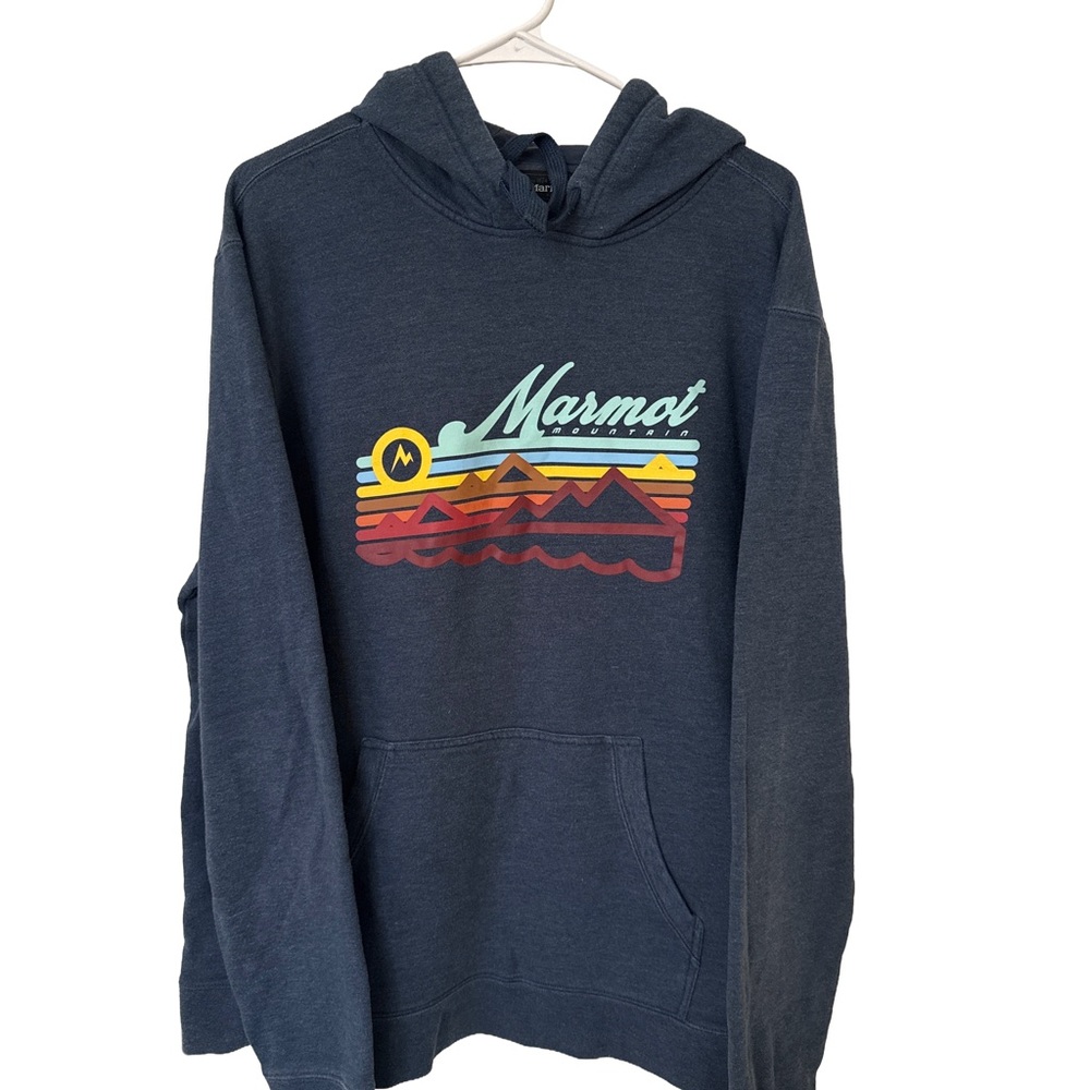 MARMOT Hoodie Sweater Men's XL Navy Blue Mountain Graphic Pullover Gorpcore